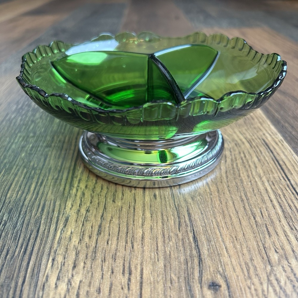 Vintage Cambridge Forest Green Gadroon 3-Part Relish Dish Farber Bros Base - Picture 8 of 9